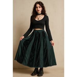 VTG Y2K Deep Teal Velvet Beaded Whimsigoth Grunge Romantic Fairy Midi Skirt Med